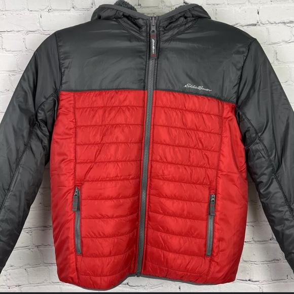 Eddie Bauer Other - Eddie Bauer deer harbor youth jacket fleece reversible puffer red gray 10/12 M